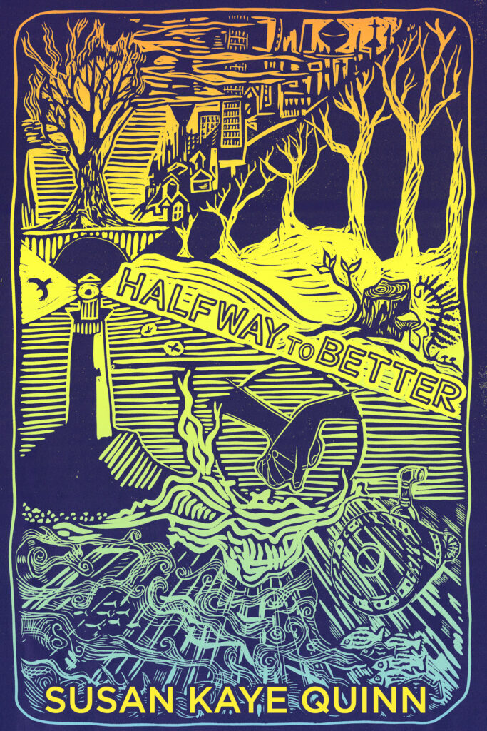linocut print inked with rainbow colors depicting underwater scenes, a lighthouse, and a city/forest aflame