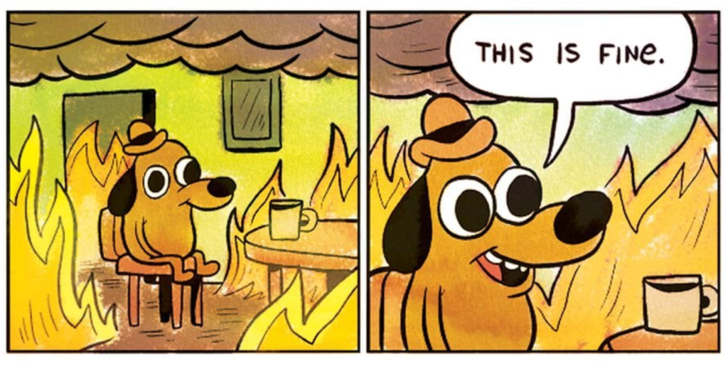 This is fine meme with dog in house on fire