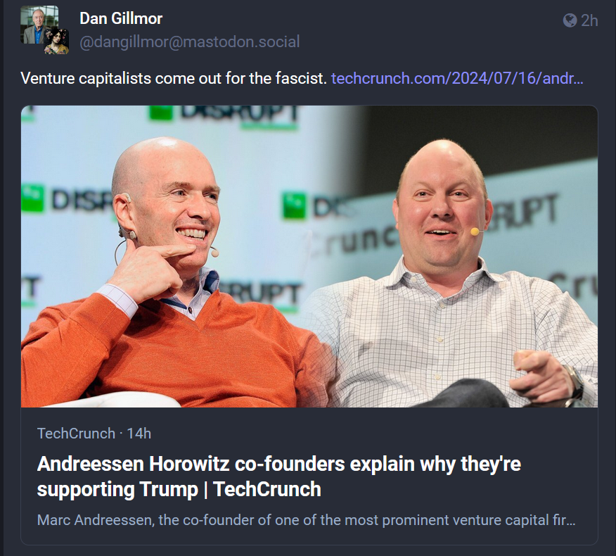 Venture capitalists come out for the fascist: Andreessen Horowitz co-founders explain why they're supporting Trump