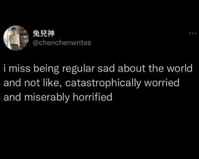 @chenchenwrites

I miss being regular sad about the world and not like, catastrophically worried and miserably horrified