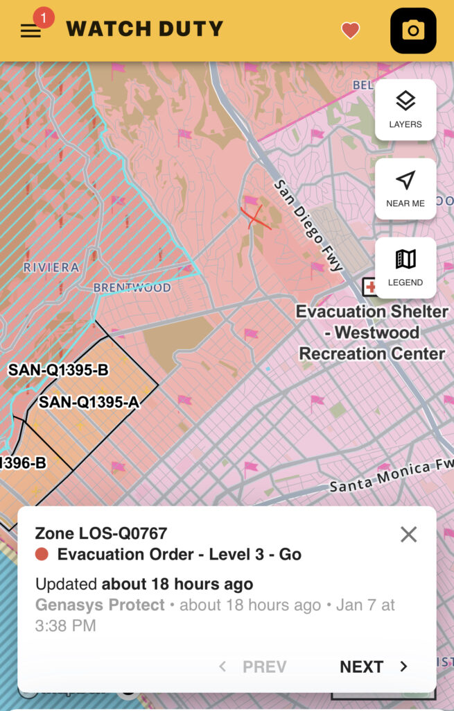 Screenshot of Watch Duty and the Palisades fire evacuation zones