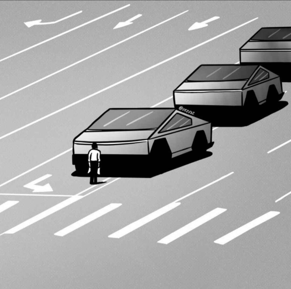 Political cartoon in black and white
A line of  Cybertrucks on a large multi-lane highway stopped by a standing figure holding two grocery bags.

Reference to Tiananmen Square 1989 protests and massacre with "Tank Man" the unidentified Chinese man who stopped a column of Type 59 tanks leaving Tiananmen Square in Beijing on June 5, 1989.