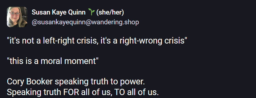Susan Kaye Quinn 🌱(she/her)
@susankayequinn@wandering.shop

"it's not a left-right crisis, it's a right-wrong crisis"

"this is a moral moment"

Cory Booker speaking truth to power. 
Speaking truth FOR all of us, TO all of us. 