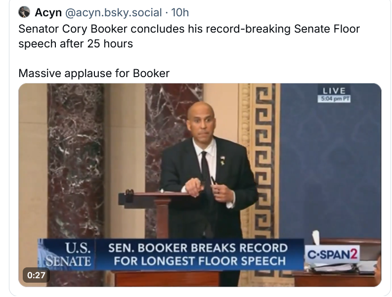 @acyn.bsky.social‬
Senator Cory Booker concludes his record-breaking Senate Floor speech after 25 hours

Massive applause for Booker
