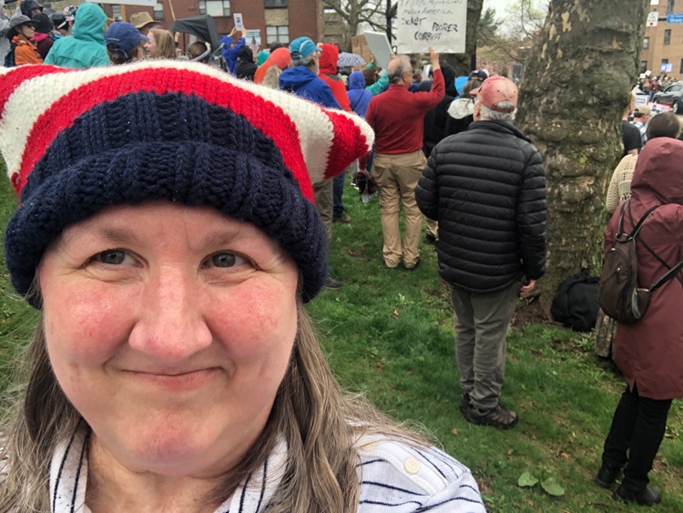 Sue in the upside down flat knitted hat her friend Jen made
