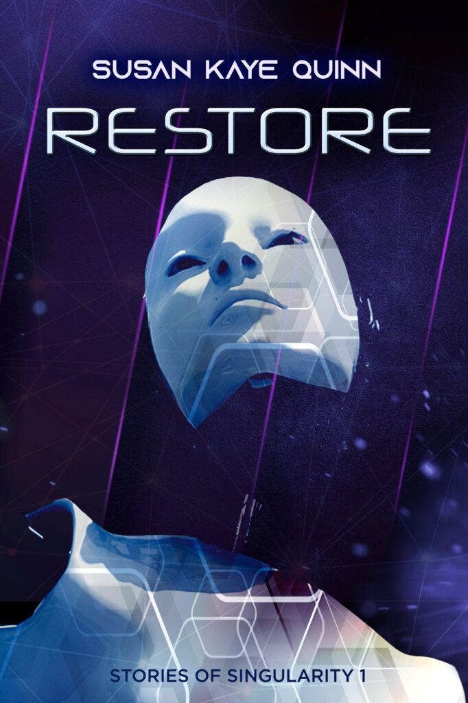 Cover of Restore showing a mournful bot, Stories of Singularity 1 by Susan Kaye Quinn