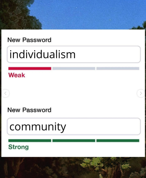 meme with a password strength evaluator

New Password: Individualism rated "weak" with one red bar
New Password: community rated "strong" with three green bars