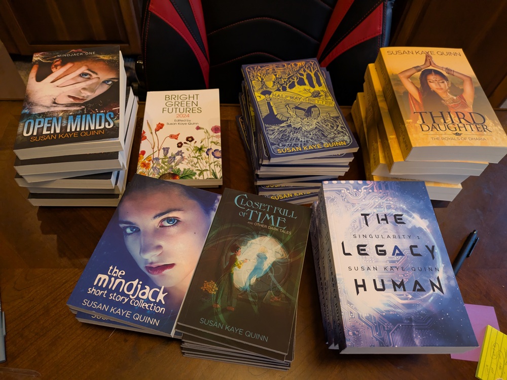 A bunch of Sue's books on her desk